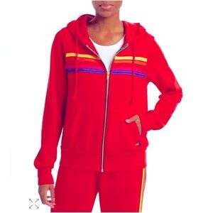 Red Hoodie with Multicolor Stripes